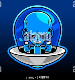 Aliens Maskottchen-Weltraum-Set Flyer farbenfrohe Vintage mit friedliebenden Vertretern des mars und humanoiden Rocker, die Musik auf Gitarren-Illustration spielen Stock Vektor