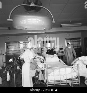 Stromstärke 16-9-1960: Ein Blick ins Gehirn für fünf Stunden der Chirurg stand am Kopf des Patienten. Und nicht eine von ihnen konnte ihn ausruhen, weil ihm ein Mensch sein Leben anvertraut hatte. Den Mitarbeitern von Aktuell wurde gestattet, die Operation bei Rikshospitalet in Oslo zu verfolgen. Foto: Aage Storløkken / Aktuell / NTB ***FOTO NICHT VERARBEITET*** Stockfoto