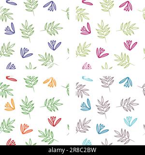 Set mit vier nahtlosen Vektorfarben Blumenmustern. Handgezeichnete endlose Hintergründe für Geschenkpapier, Textil, Kleidung, Druck, Verpackung. Botanisch. Stock Vektor