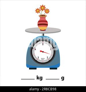 Digitale Waage. Vase auf einer Waage und isoliert auf weißem Hintergrund. Vektordarstellung der Maschine für das Gewicht. Küchenwaage für Lebensmittel. Stock Vektor