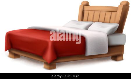 Vektorsymbol im Cartoon-Stil. Doppelbett aus Holz mit roter Überdecke und zwei Kissen. Isoliert auf weißem Hintergrund. Stock Vektor
