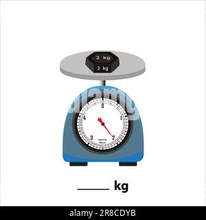 Wight Stone 2kg auf der Waage, auf weißem Hintergrund isolieren. Abbildung des Gewichtsausgleichsvektors. Gleichgewichtsvergleichszeichen-Geschäftskonzept. Stock Vektor