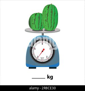 Zwei Wassermelonen 3kg auf einer Waage, isoliert auf weißem Hintergrund. Abbildung des Gewichtsausgleichsvektors. Gleichgewichtsvergleichszeichen-Geschäftskonzept. Stock Vektor