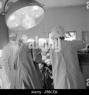 Stromstärke 16-9-1960: Ein Blick ins Gehirn für fünf Stunden der Chirurg stand am Kopf des Patienten. Und nicht eine von ihnen konnte ihn ausruhen, weil ihm ein Mensch sein Leben anvertraut hatte. Den Mitarbeitern von Aktuell wurde gestattet, die Operation bei Rikshospitalet in Oslo zu verfolgen. Foto: Aage Storløkken / Aktuell / NTB ***FOTO NICHT VERARBEITET*** Stockfoto