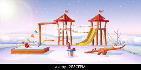 Cartoon-Style-Illustration. Kinderspielplatz im Freien im Winter mit Schnee. Stock Vektor