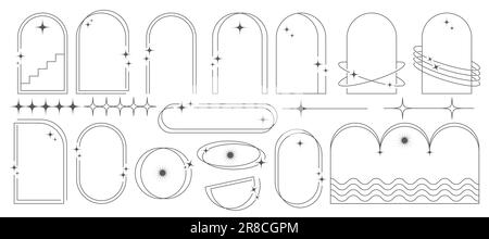 Ästhetische Rahmen und Formen mit Sternen. Grafikdesign mit minimaler Y2K-Kontur und Glitzereffekt. Abstrakte minimalistische Bogengrenzen. Trendige Boho geometrisch Stock Vektor