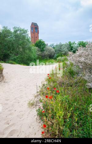 Malerische Landschaft in den Dünen von Holland mit dem Kirchturm des Fischerdorfs Duindorp im Hintergrund Stockfoto