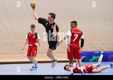 Berlin, Deutschland. 09. Juni 2023. Berlin, Deutschland, Juni 20. 2023: Sonderspiele Olympische Weltspiele Berlin 2023 - Männer Handball - SO Deutschland gegen SO Ungarn - Olympiapark. (Ryan Sleiman/SPP) Guthaben: SPP Sport Press Photo. Alamy Live News Stockfoto