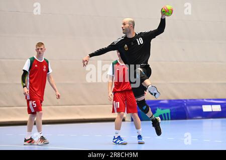 Berlin, Deutschland. 09. Juni 2023. Berlin, Deutschland, Juni 20. 2023: Sonderspiele Olympische Weltspiele Berlin 2023 - Männer Handball - SO Deutschland gegen SO Ungarn - Olympiapark. (Ryan Sleiman/SPP) Guthaben: SPP Sport Press Photo. Alamy Live News Stockfoto