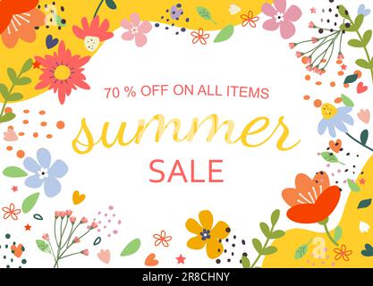 Sommerangebot. 70 Prozent Rabatt. Neues Banner für Sommerangebote. Saisonale Berufung, Wochenende, Logo-Symbol für Feiertage. Sommerzeit Hintergrundbild. Stock Vektor