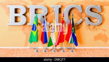 BRICS-Gipfel, Flaggen aller Mitglieder BRICS im Saal. 3D-Rendering Stockfoto