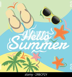 Hallo Sommer-Hintergrunddesign. Infografik zum Sommerstrand-Konzept, Vektor-Illustrator mit Blumen, Palmenblättern und Sommerstrand-Accessoires Stock Vektor