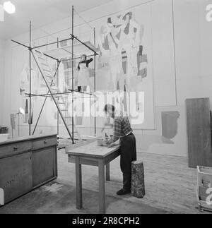 Derzeit 34. 9. 1960: Kunst im Stallpreisträger Else Hagen ist damit beschäftigt, die Haupttreppe des Storting zu dekorieren. Die Arbeit wird vier Jahre dauern. Foto: Aage Storløkken / Aktuell / NTB ***FOTO NICHT VERARBEITET*** Stockfoto