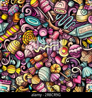 Cartoon Doodle Candies mit nahtlosem Muster. Kulisse mit Symbolen und Gegenständen von Süßwaren. Farbenfroher, detaillierter Hintergrund für Druck auf Stoff, Textil, ph Stock Vektor