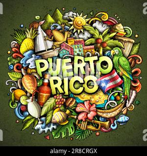 Puerto-Rico-Zeichentrickfilm. Lustiges Puerto-ricanisches Design. Kreativer Vektorhintergrund mit karibischen Landelementen und Objekten. Farbenfrohes c Stock Vektor