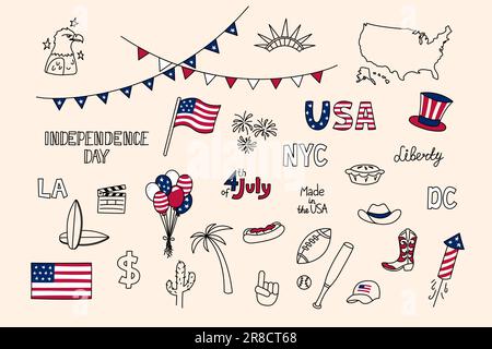 US-Symbole. Vector-Doodle-Set. Designelemente der Vereinigten Staaten von Amerika isoliert. US-Kollektion. Unabhängigkeitstag 4. Juli. Amerikanische Flagge, Adler, Stock Vektor