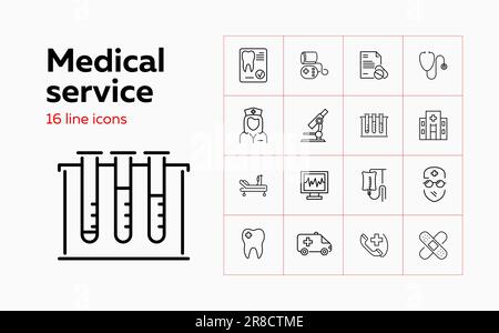 Symbolsatz für medizinische Versorgungsleitung. Krankenhaus, Mikroskop, Arzt, Kardiogramm. Medizinisches Konzept. Kann für Themen wie Gesundheitswesen, Versicherung, Zähne verwendet werden Stock Vektor