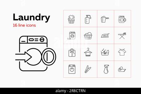 Symbolsatz Wäscheleine. Waschmittel, Trocknen, Kleidernadel. Haushaltskonzept. Kann für Themen wie Kleidungspflege, Handwäsche, Bügeln verwendet werden Stock Vektor