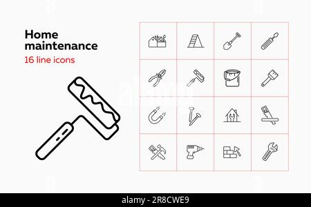 Leitungssymbolsatz für Hauswartung. Werkzeugkasten, Pinsel, Schraubenschlüssel. Baukonzept. Kann für Themen wie Zimmerreinigung, Renovierung verwendet werden Stock Vektor