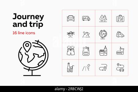 Symbole für Fahrten und Fahrten. Gruppe von Liniensymbolen. Snack, Route, Transport. Abenteuerkonzept. Die Vektordarstellung kann für Themen wie Wandern verwendet werden Stock Vektor