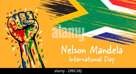 Handgezeichnetes Banner nelson mandela International Day Illustration mit Hand und Flagge Stock Vektor
