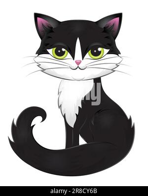 Süße schwarze Katze mit grünen Augen auf weiß isoliert. Stock Vektor