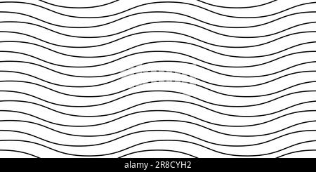 Wellenlinien nahtloses Muster. Wellige Streifen mit sich wiederholendem Hintergrund. Schwarze und weiße horizontale Wellenstruktur. Einfache, gekrümmte, lineare Tapete. Textil- und Stoffmuster-Designvorlage. Vektor Stock Vektor