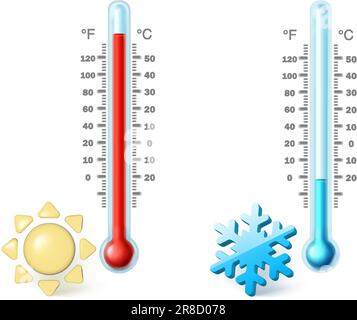 Realistisches Vektorsymbol im Cartoon-Stil. Thermometer für heiße und kalte Temperaturen mit Sonne- und Schneeflockensymbol im Cartoon-Stil. Isoliert auf weißem Hintergrund. Stock Vektor