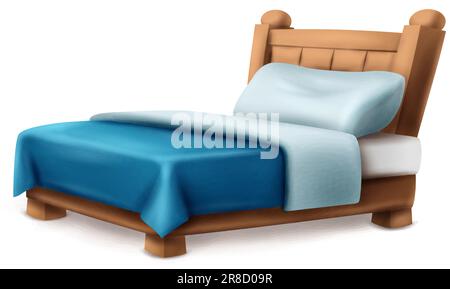 Vektorsymbol im Cartoon-Stil. Doppelbett aus Holz mit Überdecke und zwei Kissen. Isoliert auf weißem Hintergrund. Stock Vektor