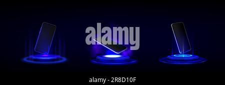 3D Neonlicht futuristisches Podium für Mobiltelefone. Standmodell mit Lasereffekttechnologie für das Produkt. Vorlage für den Gewinner des Smartphone-Bildschirms auf der Cyber Glow Stage mit Dampf im Hintergrund des Scifi-Studios. Stock Vektor