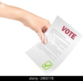 3D-Symbol für realistische Vektoren. Abstimmungs- oder Wahlkonzept. Menschliche Hand hält Papier, Stimmzettel. Stock Vektor