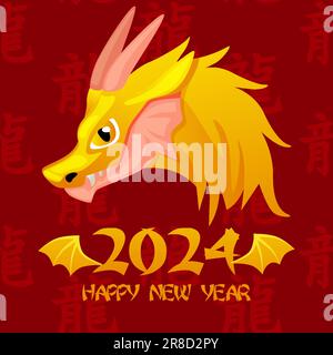 Chinesisch Frohes Neujahr 2024, süßer Drache. Rote Grußkarte mit Drachen Stock Vektor