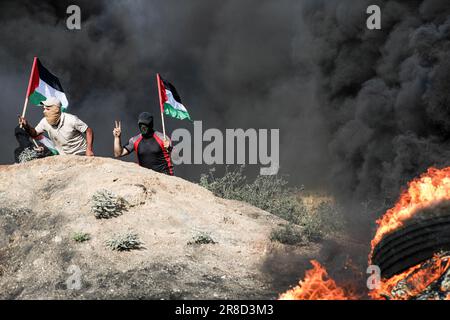 Gaza, Palästina. 19. Juni 2023. Die Palästinenser halten während eines Protests gegen einen israelischen Militärangriff auf die Stadt Dschenin im Westjordanland Staatsflaggen in der Nähe des Grenzzauns zu Israel östlich von Gaza. (Kreditbild: © Yousef Masoud/SOPA Images via ZUMA Press Wire) NUR REDAKTIONELLE VERWENDUNG! Nicht für den kommerziellen GEBRAUCH! Stockfoto