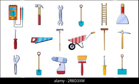 Ein großer Satz von Symbolen für Bau, Sanitär, Garten, Reparatur, Werkzeuge: Schaufel, Schraubenschlüssel Multimeter, Säge, Hammer, Bürste, Mopp, Rechen, Trolley, Spachtel, Stock Vektor