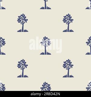 Schrulliges blaues Motiv des Waldbaums. Vektormuster. Nahtlose Dekoration des skurrilen botanischen Walddesigns für den hintergrund von scandi. Stock Vektor