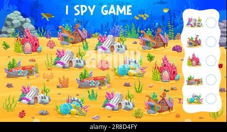 Ich sehe Spiele. Cartoon-Märchen-Unterwasserhäuser. Kinder zählen Spiel, Kinder Objekt finden Vektorrätsel Arbeitsblatt mit Korallenriff, Burgruinen, versunkenen U-Booten und Schiffsfeen Wohnungen Stock Vektor