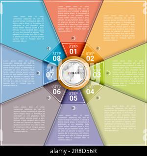 Das Design von Infografiken für den Geschäftserfolg erfordert acht Schritte und Elemente. Designvorlage für Infografiken. Ablaufdiagramme und Geschäftsaktivitäten. Stock Vektor