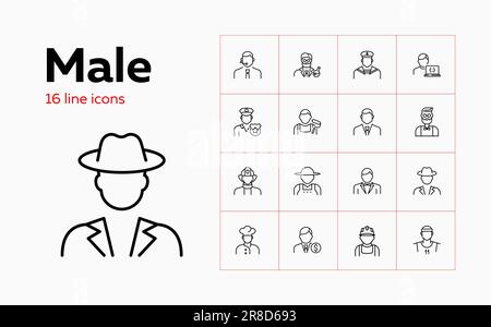 Symbolgruppe männliche Linien. Arbeiter, Bauer, Polizist, Geschäftsmann. Menschen-Konzept. Kann für Themen wie Tätigkeit, Beruf, Arbeit verwendet werden Stock Vektor