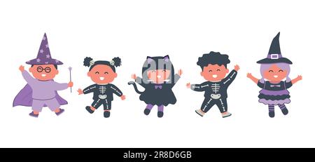 Halloween kids party. Children in halloween costumes: witch, cat, wizard, skeleton. Kids dance. Vector illustration Stock Vektor
