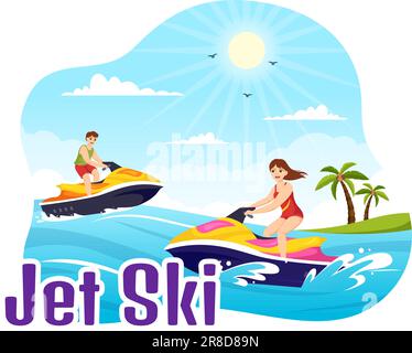 Leute fahren Jet Ski Vector Illustration Sommerferien Erholung, Extreme Wassersport und Resort Beach Aktivität in Hand Drawn Flat Cartoon Template Stock Vektor