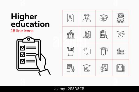 Symbolgruppe für Hochschullinien. Eule, Abschlussabschluss, Abschluss. Ich studiere Konzept. Kann für Themen wie College, Ehrenabschluss, Lernen verwendet werden Stock Vektor