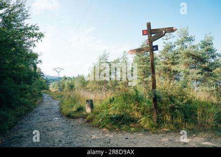 Wegweiser in den pyrenäen auf dem Weg nach santiago, spanien. Hochwertiges Foto Stockfoto