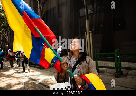 Bogota, Kolumbien. 20. Juni 2023. Ein Demonstrante schwenkt während der regierungsfeindlichen Proteste gegen die Regierung und der Reformen von Präsident Gustavo Petro in Bogota, Kolumbien, am 20. Juni 2023 mit einer kolumbianischen Flagge. Foto: Perla Bayona/Long Visual Press Credit: Long Visual Press/Alamy Live News Stockfoto