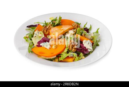 Köstlicher Persimonsalat mit Rucola und Käse, isoliert auf Weiß Stockfoto