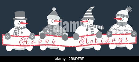 Fröhliche Schneemänner mit Poster „Happy Holidays“. Grußkartenvorlage für frohe Weihnachten. Vier verschiedene Schneemänner in Winterkleidung. Vektordarstellung Stock Vektor