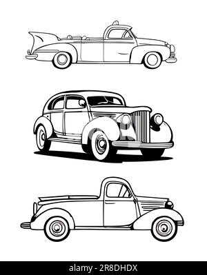 Ausmalseite mit niedlichen Cartoon-Spielzeugen im Retro-Stil. Malbuch für Kinder. Einfarbige Vektorkonturzeichnung isoliert auf weißem Hintergrund Stock Vektor