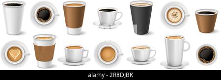 Realistischer Kaffee zum Mitnehmen. Café-Bar, Modelle aus Papier und Keramikbechern, Cappuccino zum Mitnehmen, Latte und Espresso 3D-Vektorbildner. Tassen mit Stock Vektor