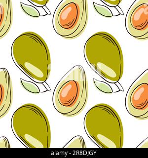 Avocado-Früchte mit nahtlosem Muster, handgezeichnet. Skizze einer ganzen Avocado, in Scheiben geschnitten und Blätter. Avocado-Linienkunst. Stock Vektor