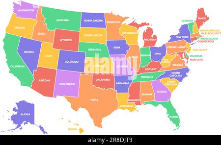 Farbenfrohe Karte der USA. Regionen in den Vereinigten Staaten von Amerika mit unterschiedlichen Farben und Namen für Reise- und Geografie-Vektoren Infografik-Design. WIR Stock Vektor