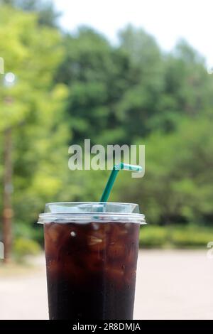 Verschließen Sie den Eiskaffee in einer Plastiktasse. Paket zum Mitnehmen und einfach zu erfrischen. Mit Gartenblick und Bokeh-Hintergrund. Stockfoto